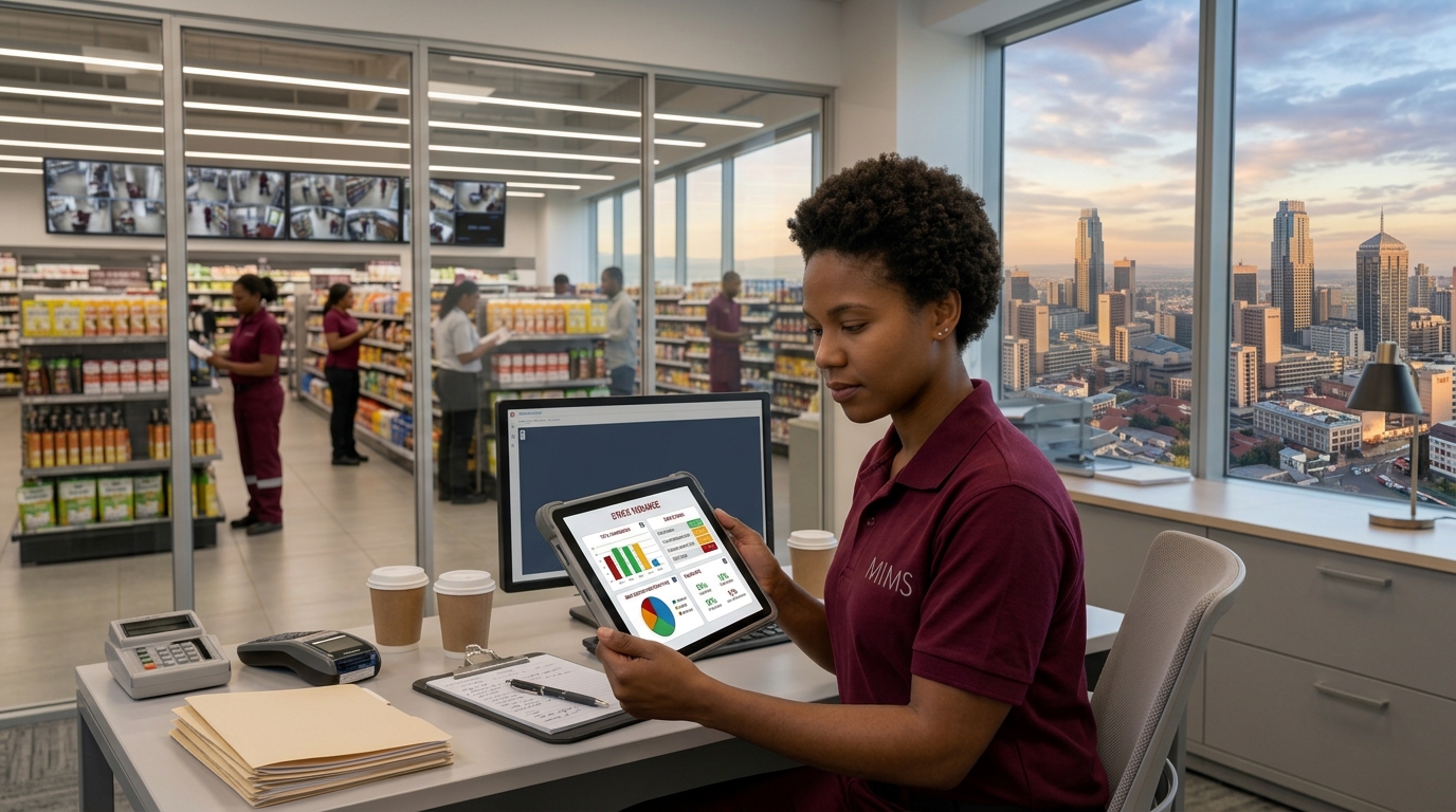 Loss-prevention officer reviewing shrinkage data on a tablet on a retail floor.