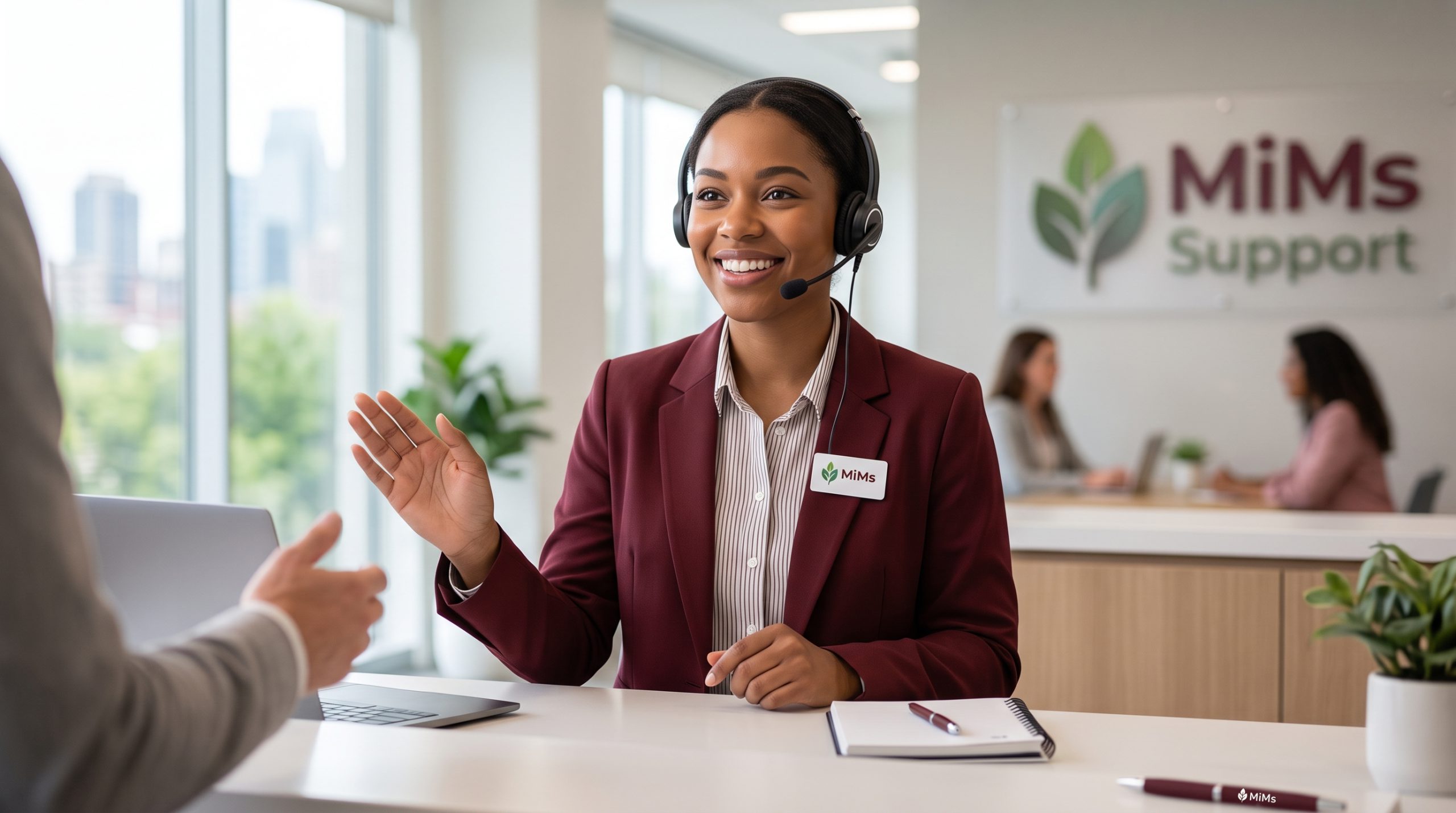 MiMs support agent wearing a headset, taking a call at a laptop.