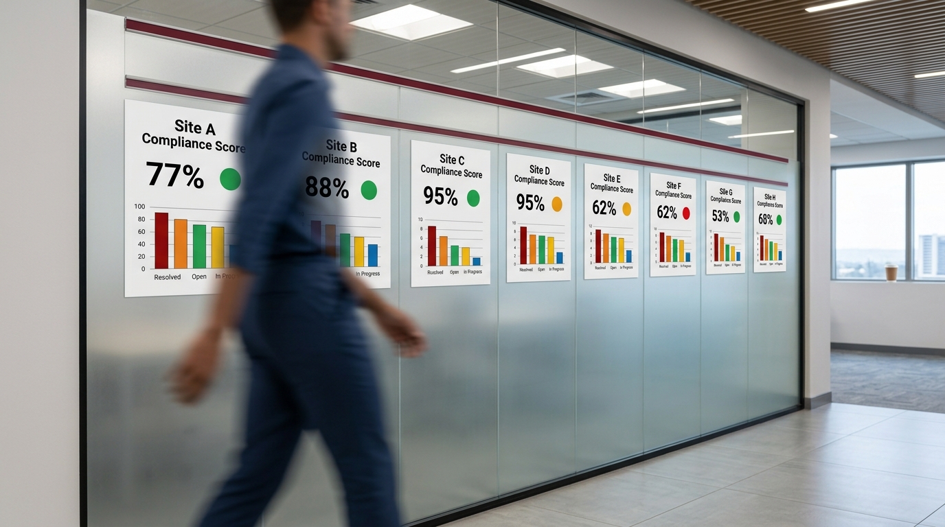 Glass-walled office corridor lined with printed site compliance scorecards.