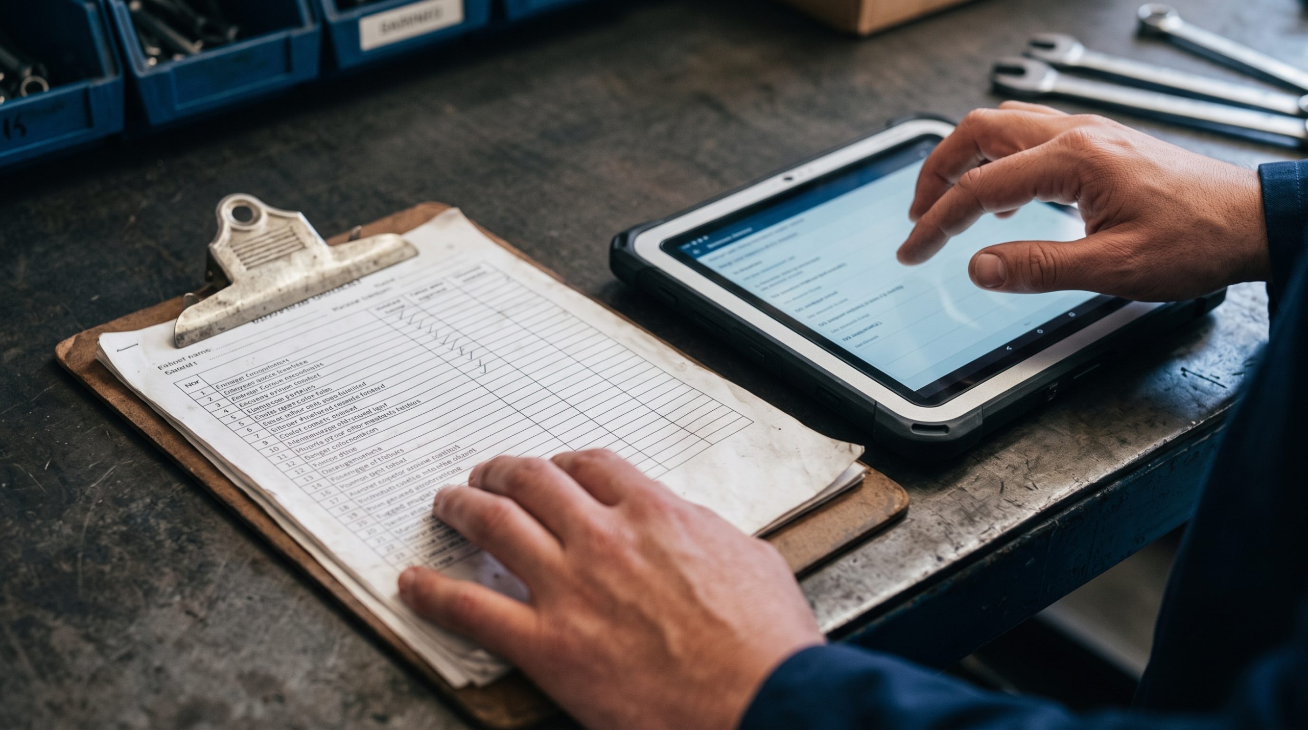 Paper checklist on a clipboard beside a rugged tablet on a workshop bench.