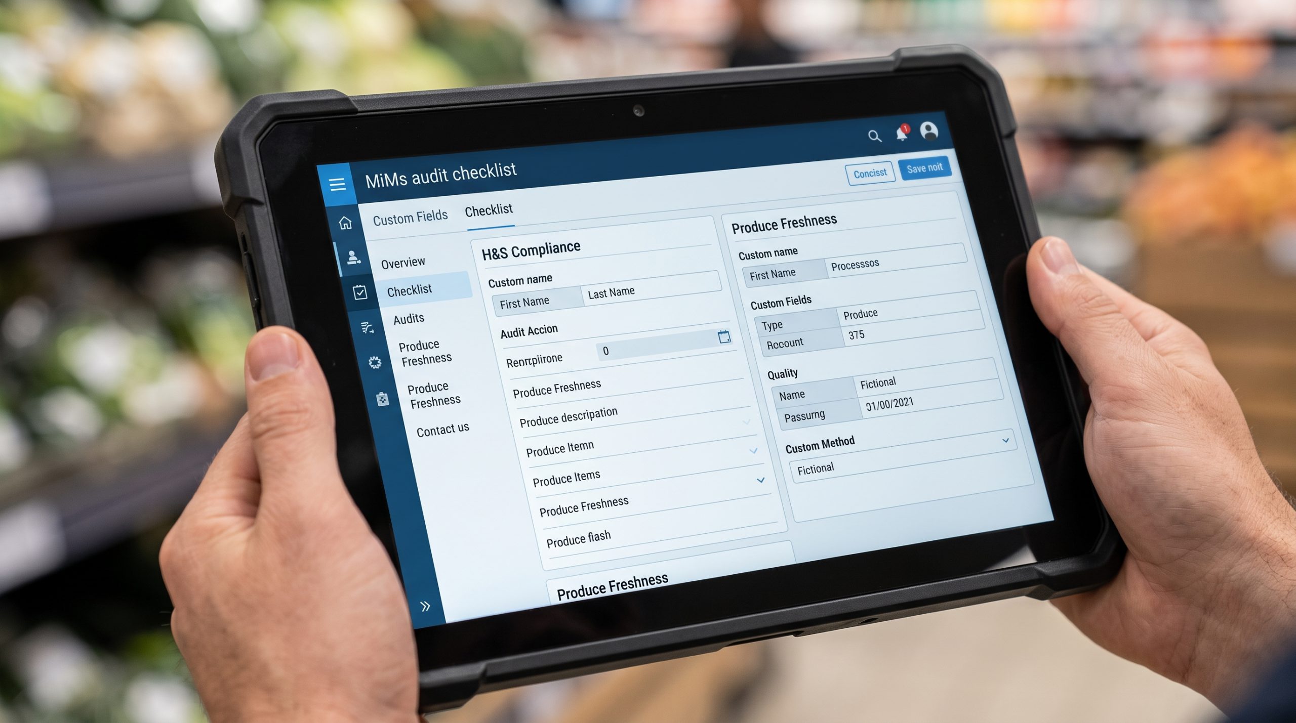 Hands holding a tablet showing a live audit checklist in a grocery produce aisle.