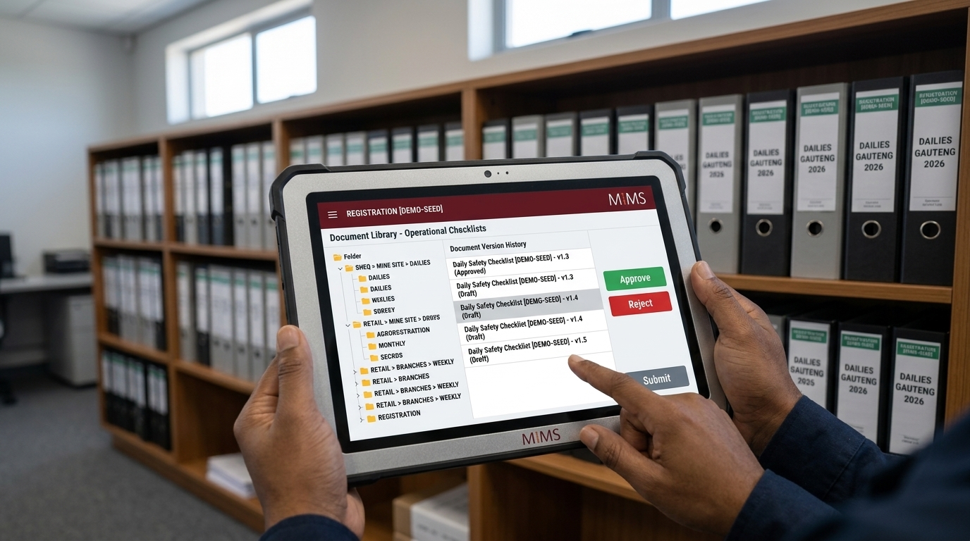Rows of archived checklists and documents in a records room.