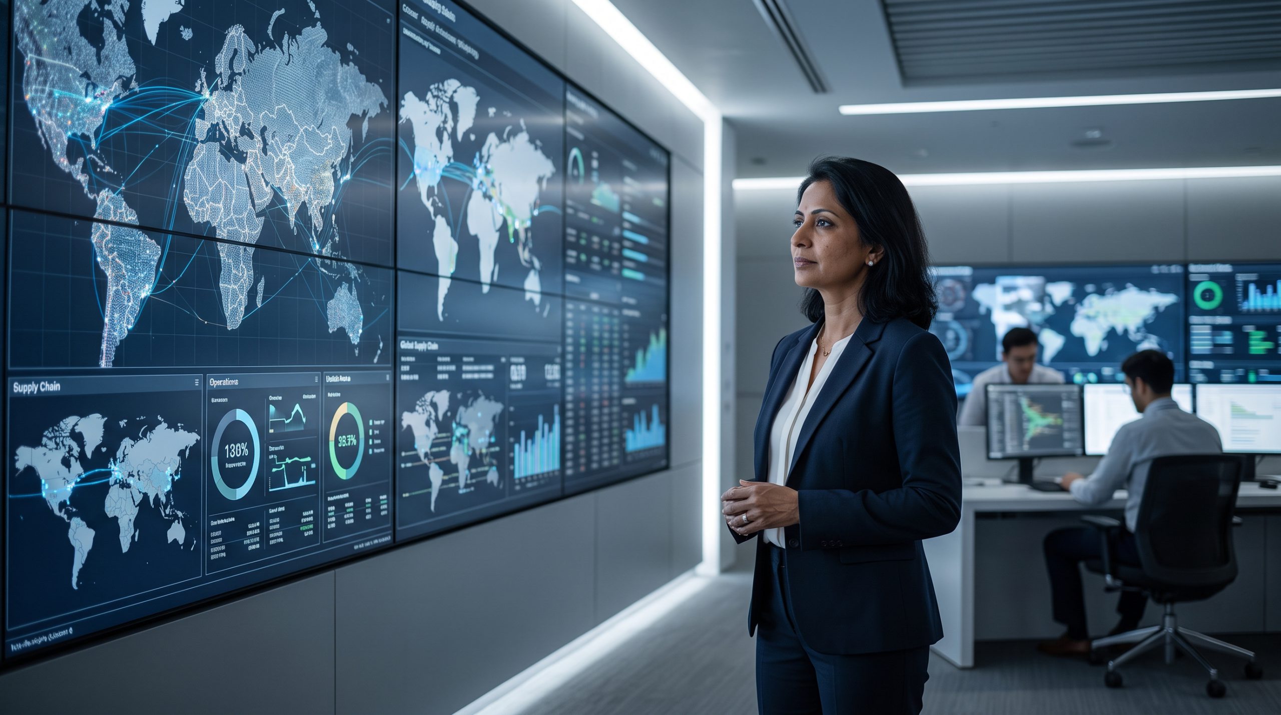 Executive in a control room analysing multi-site metrics on a large wall display.