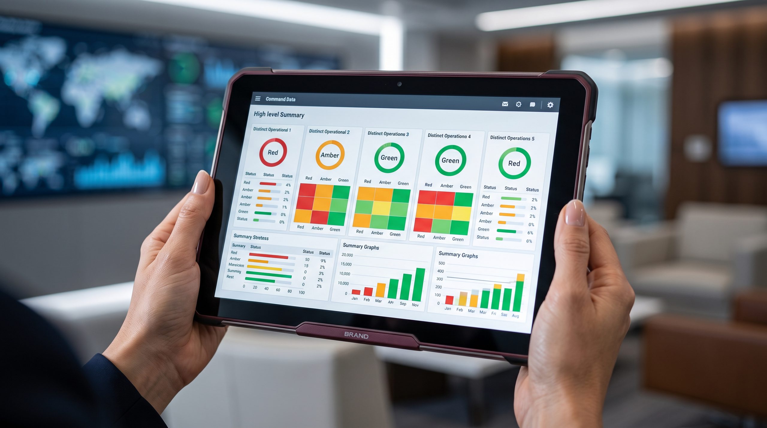Hands holding a tablet showing a red-amber-green status dashboard with bar charts.