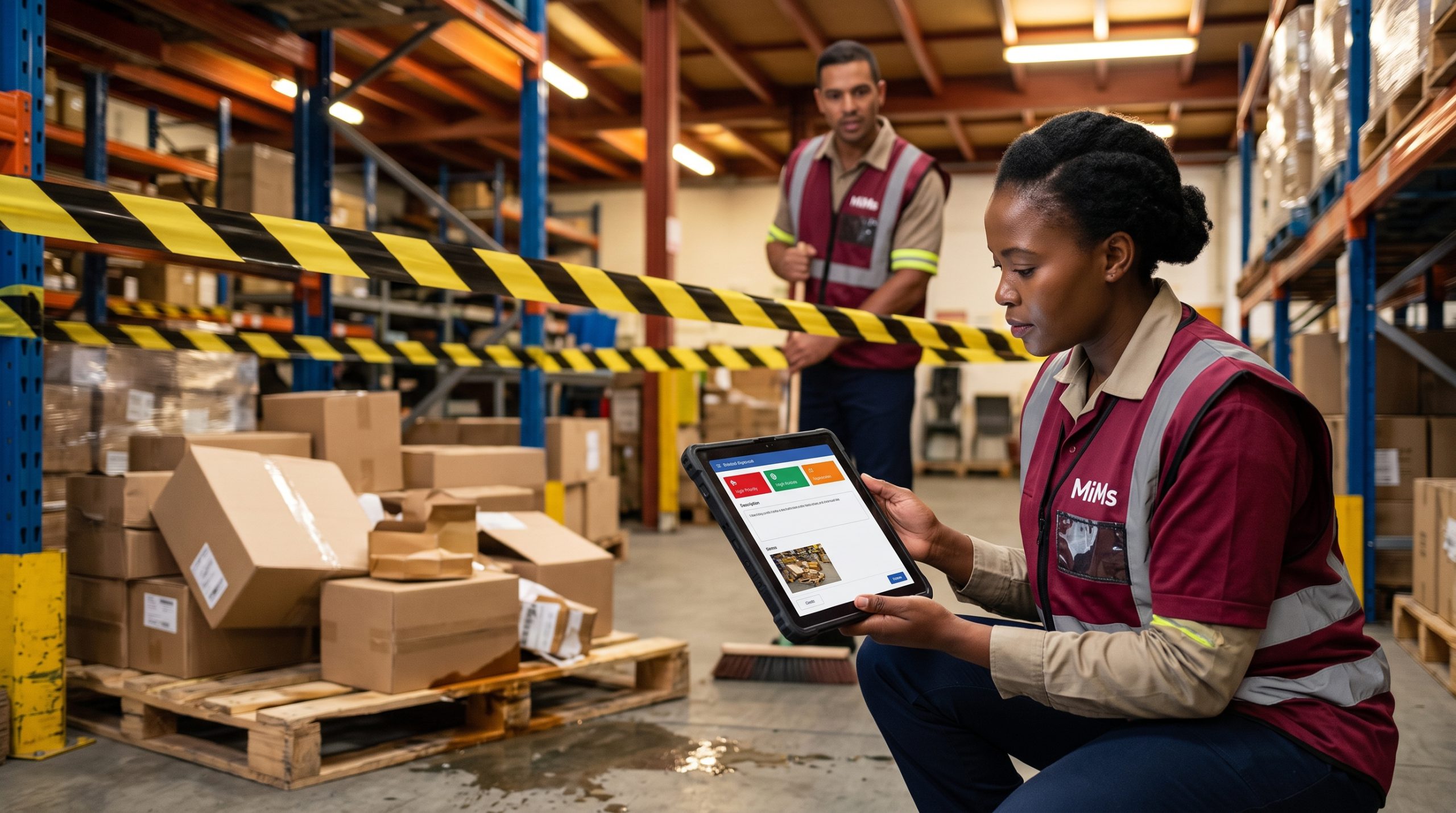 Warehouse worker in branded gear capturing an incident on a tablet beside hazard tape.