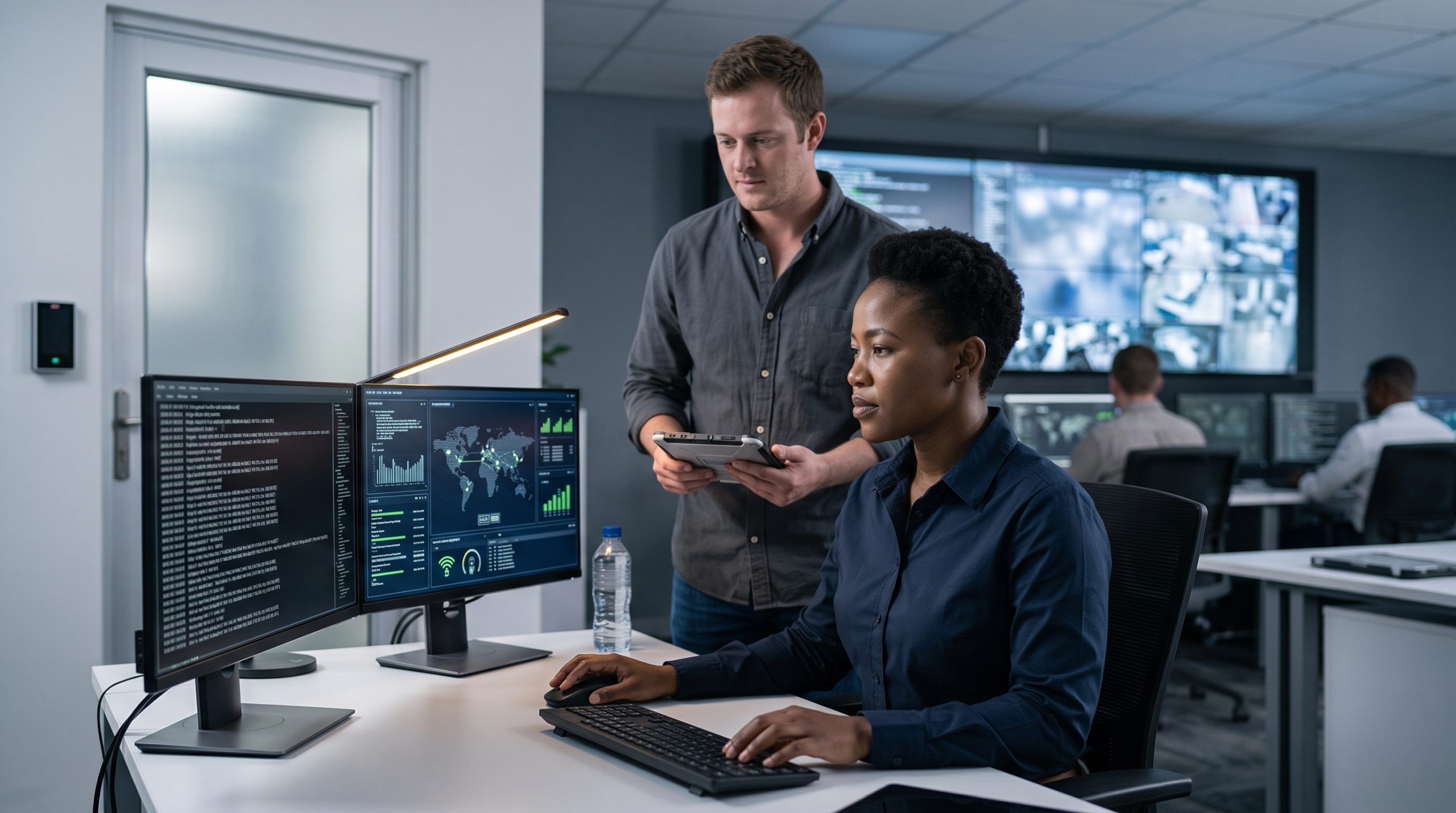 IT and security team monitoring systems in a security operations centre.