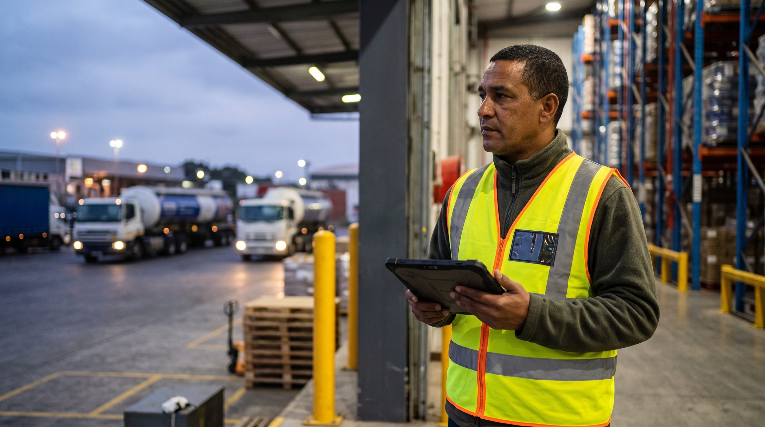 Worker in hi-vis at a truck yard at dusk holding a tablet, trucks behind him.