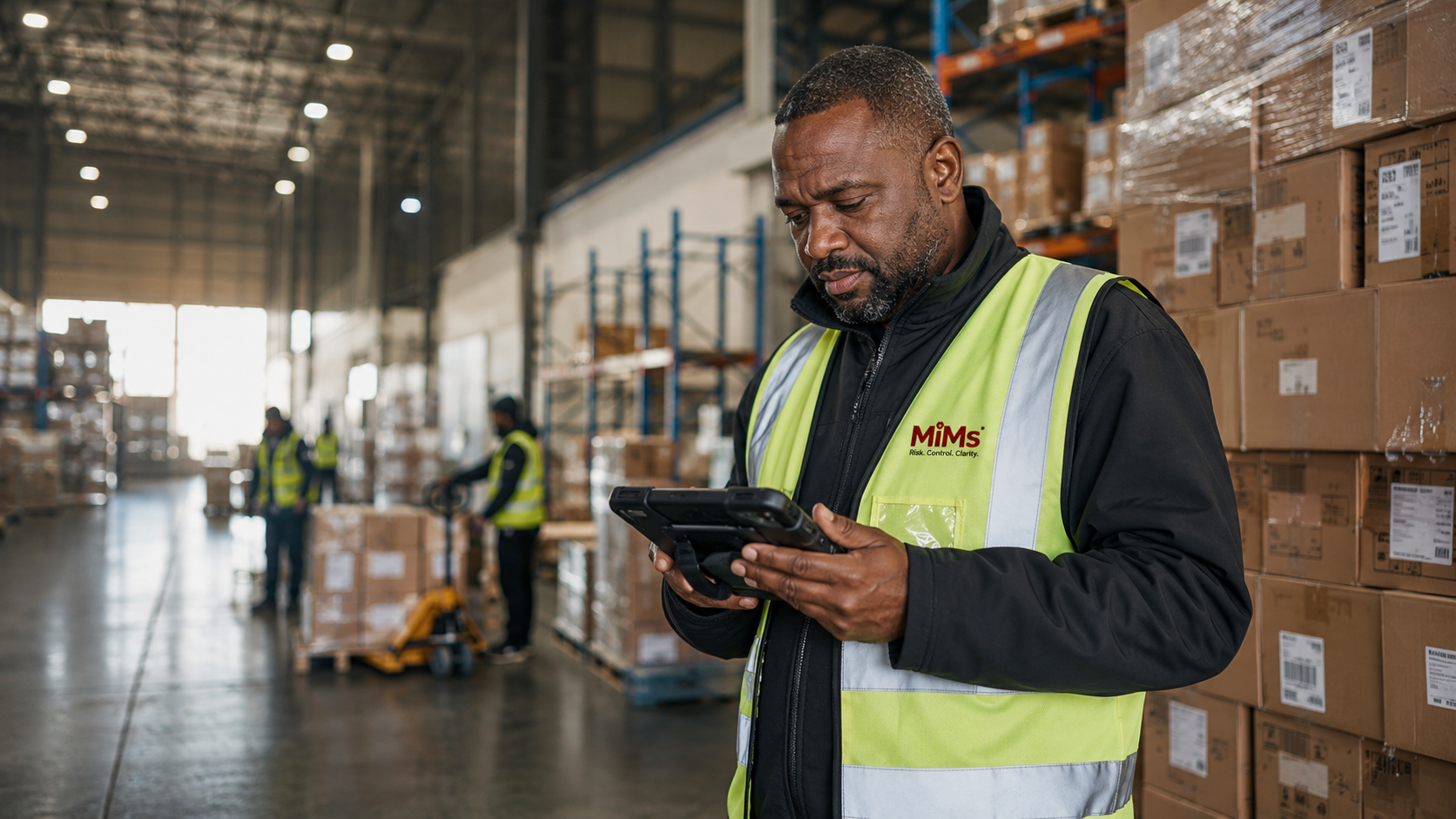 Warehouse associate counting stock on a tablet in a distribution aisle.