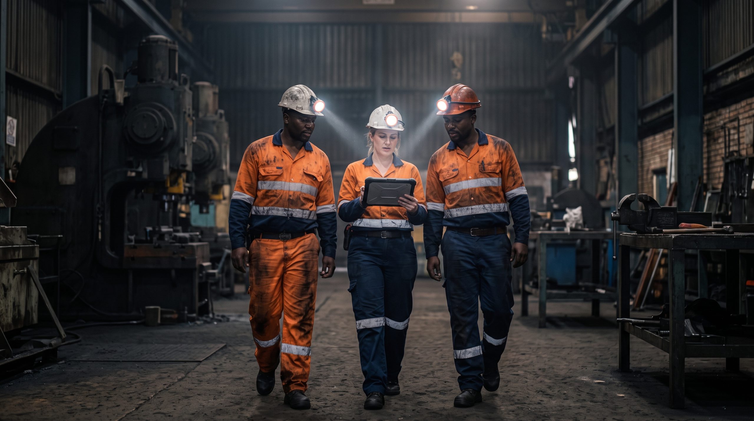 Three-person mine safety team in PPE walking through an industrial facility with a tablet.