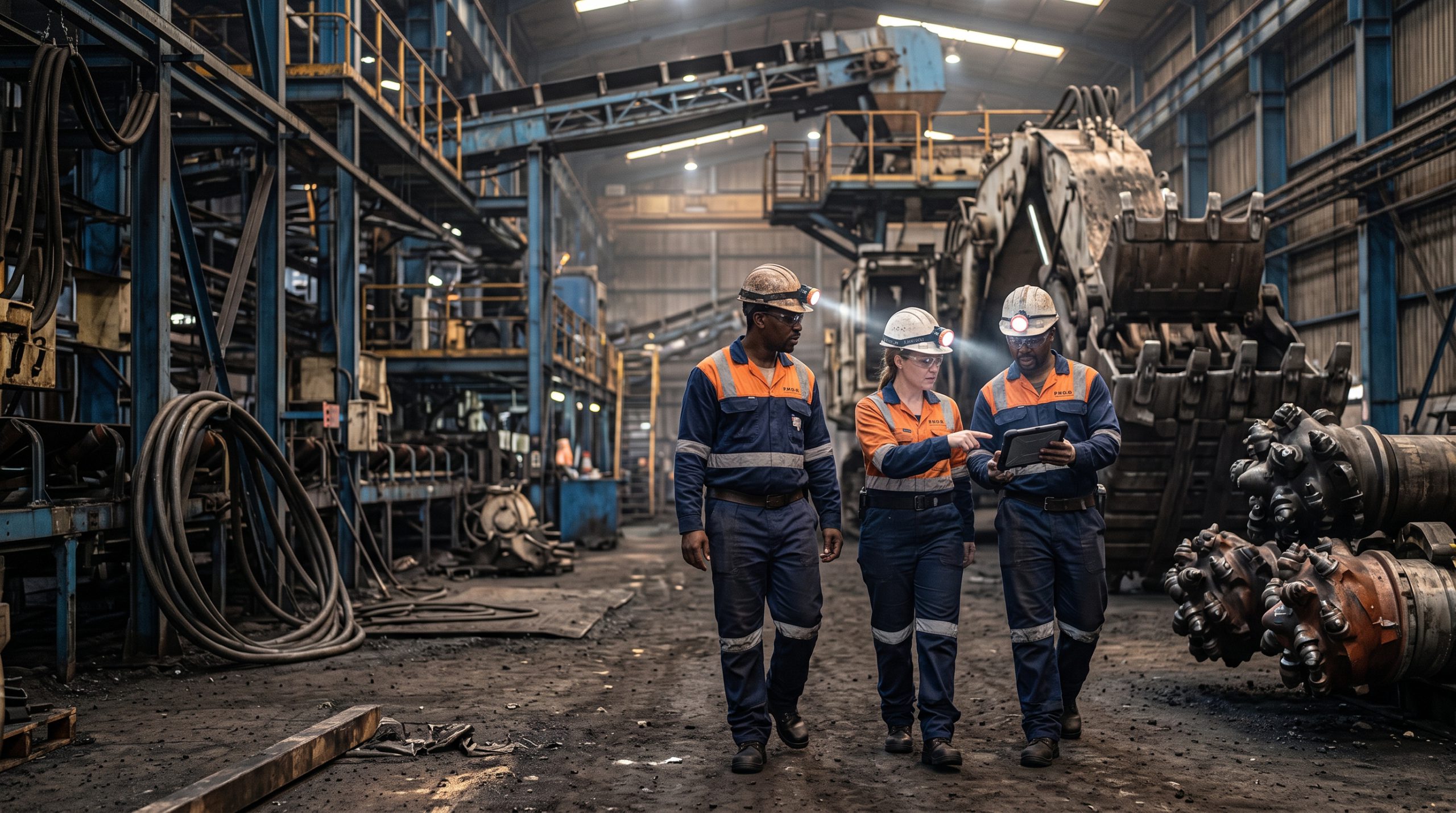 Inspection team in branded safety gear reviewing a checklist at an open-pit mine.