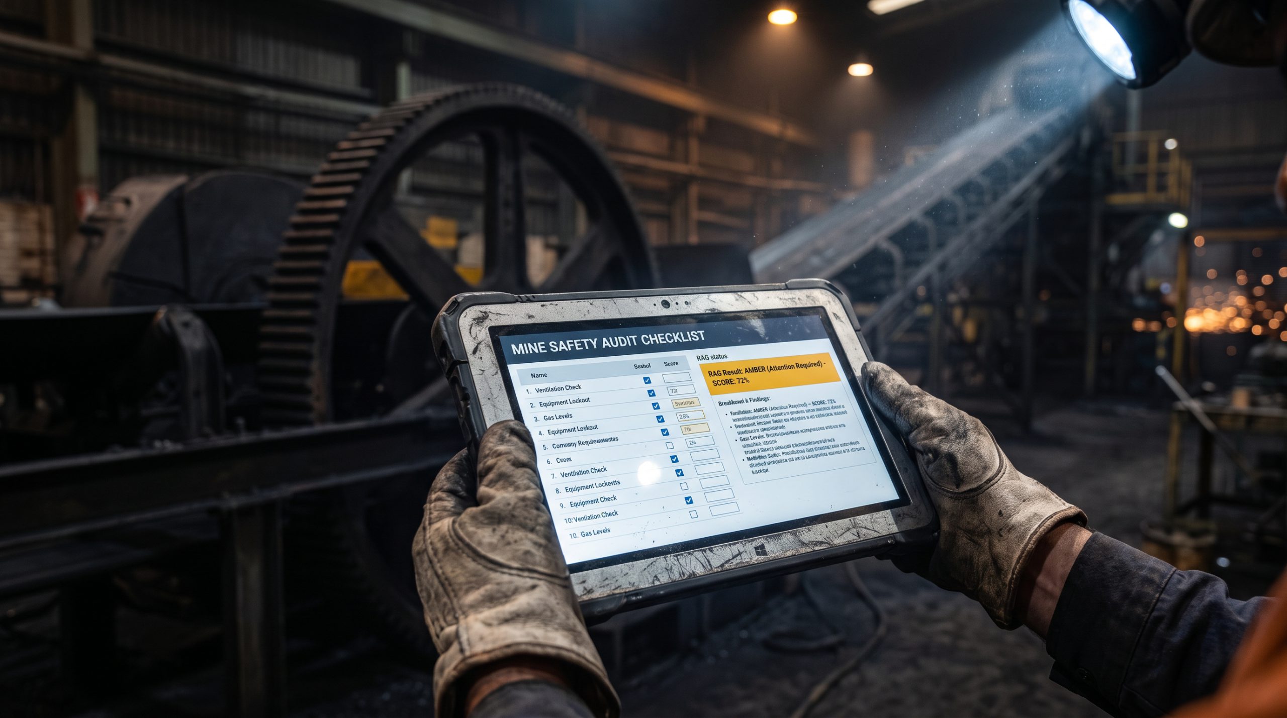Gloved hands holding a rugged tablet under a headlamp beam, showing a mine safety checklist.