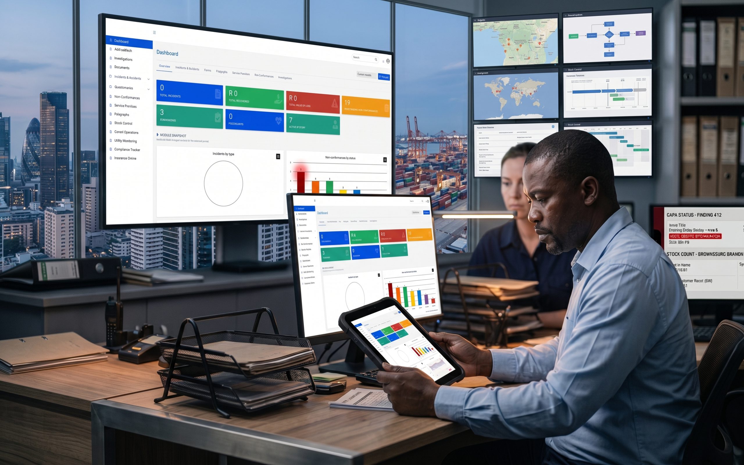 MiMs platform dashboard overview on screen, showing modules, compliance status and site activity.