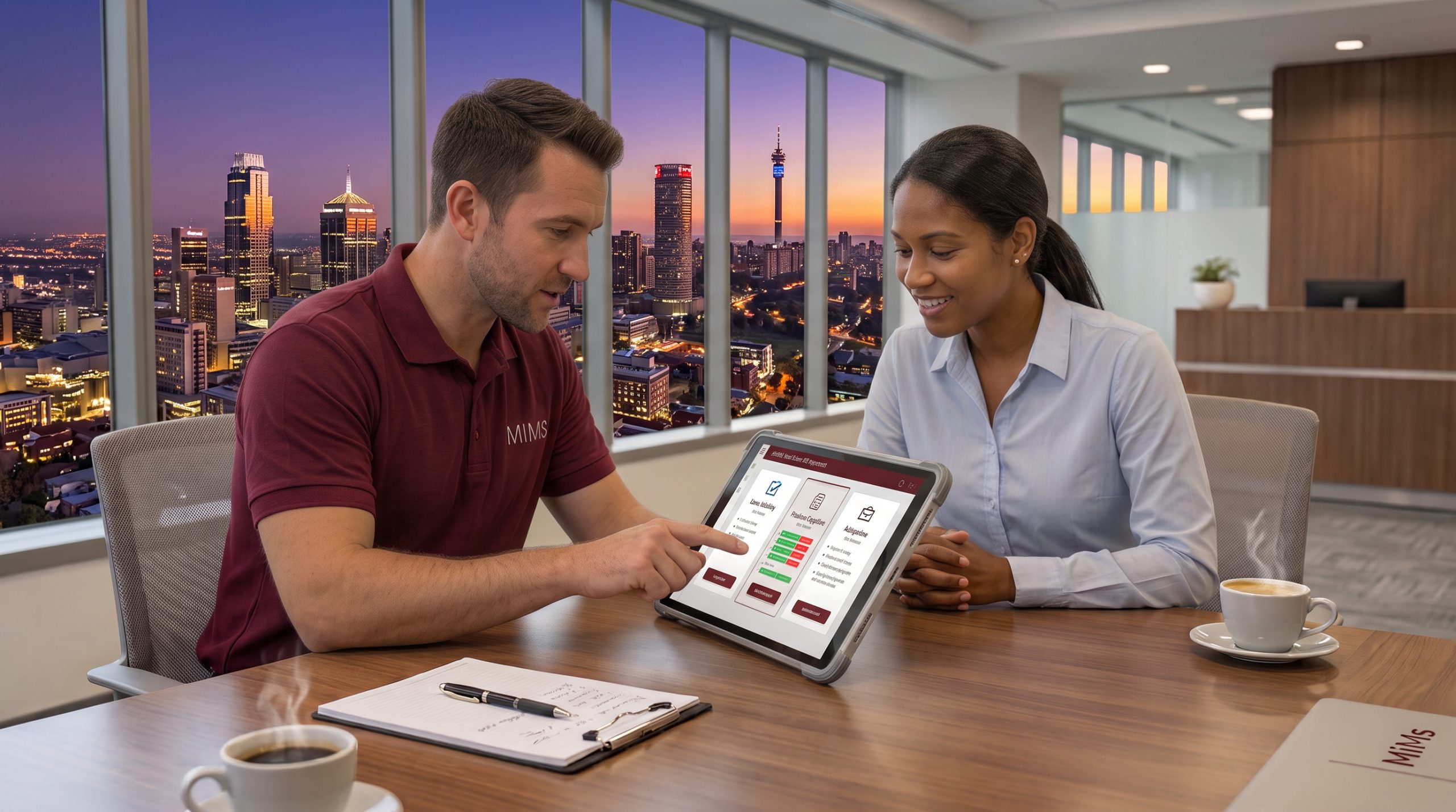 Consultant discussing MiMs pricing options with a client across a desk.