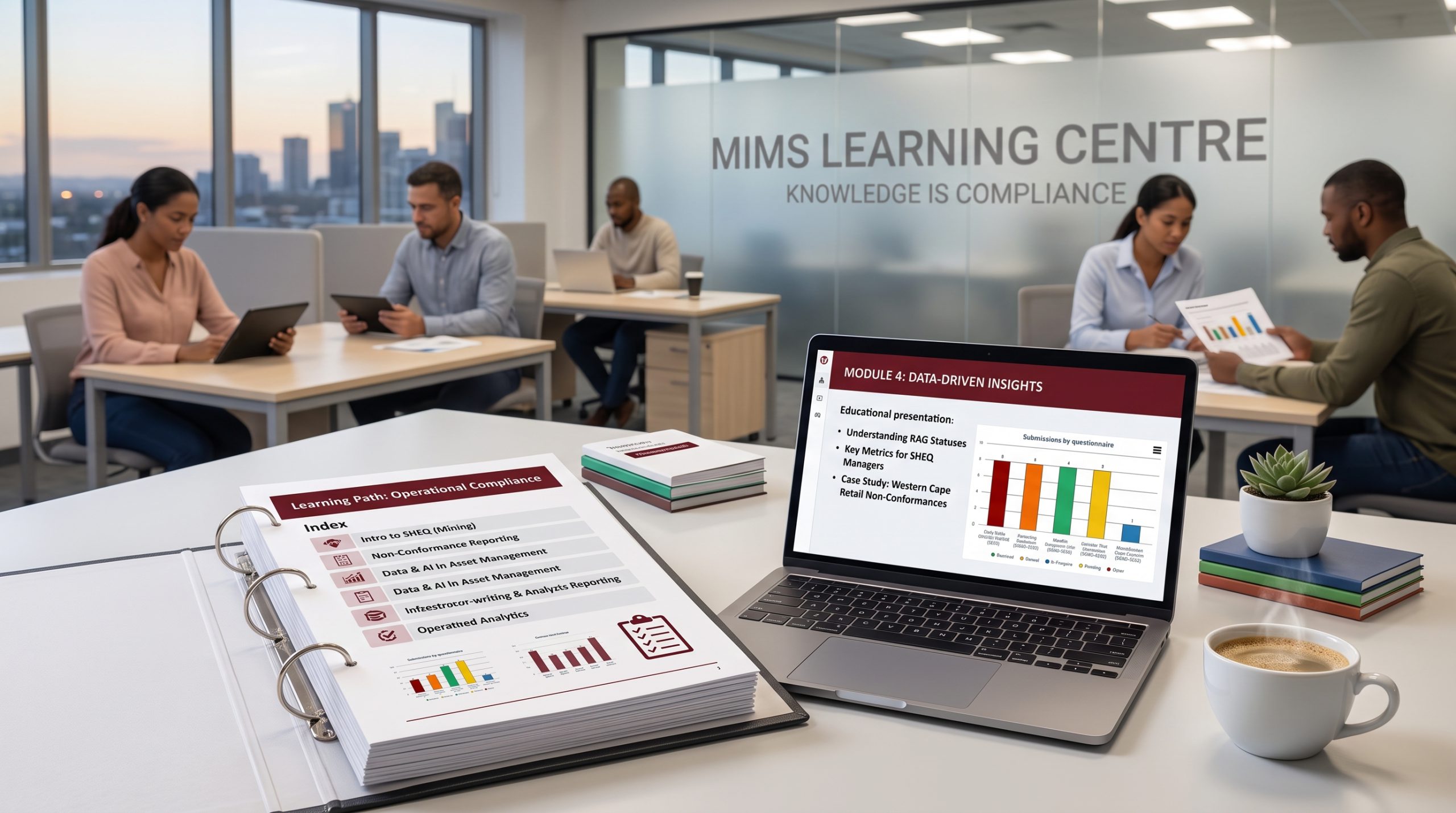 Desk in a learning centre with guides and a laptop open to MiMs resources.