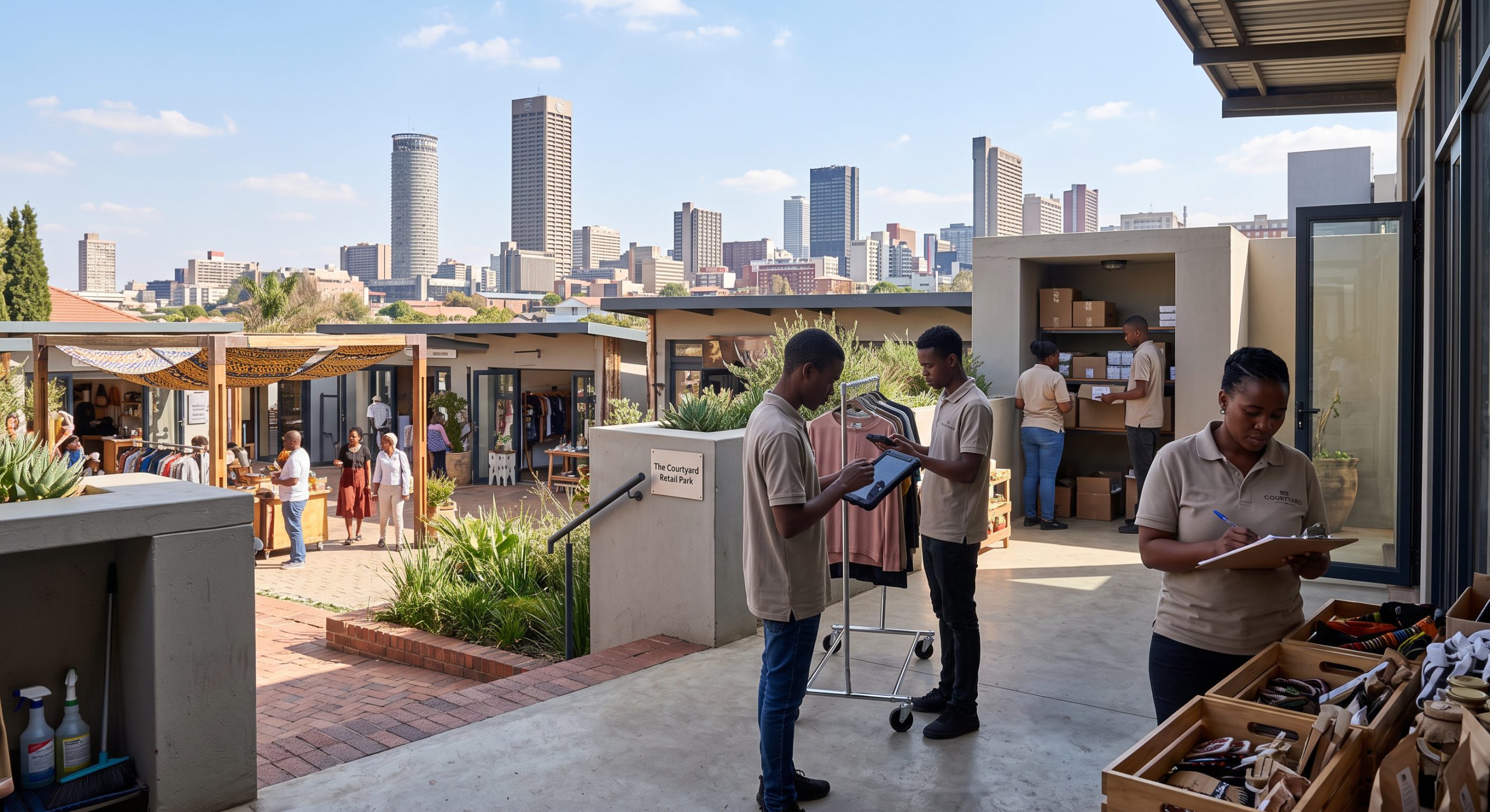 Rooftop view over a Johannesburg retail and business district.