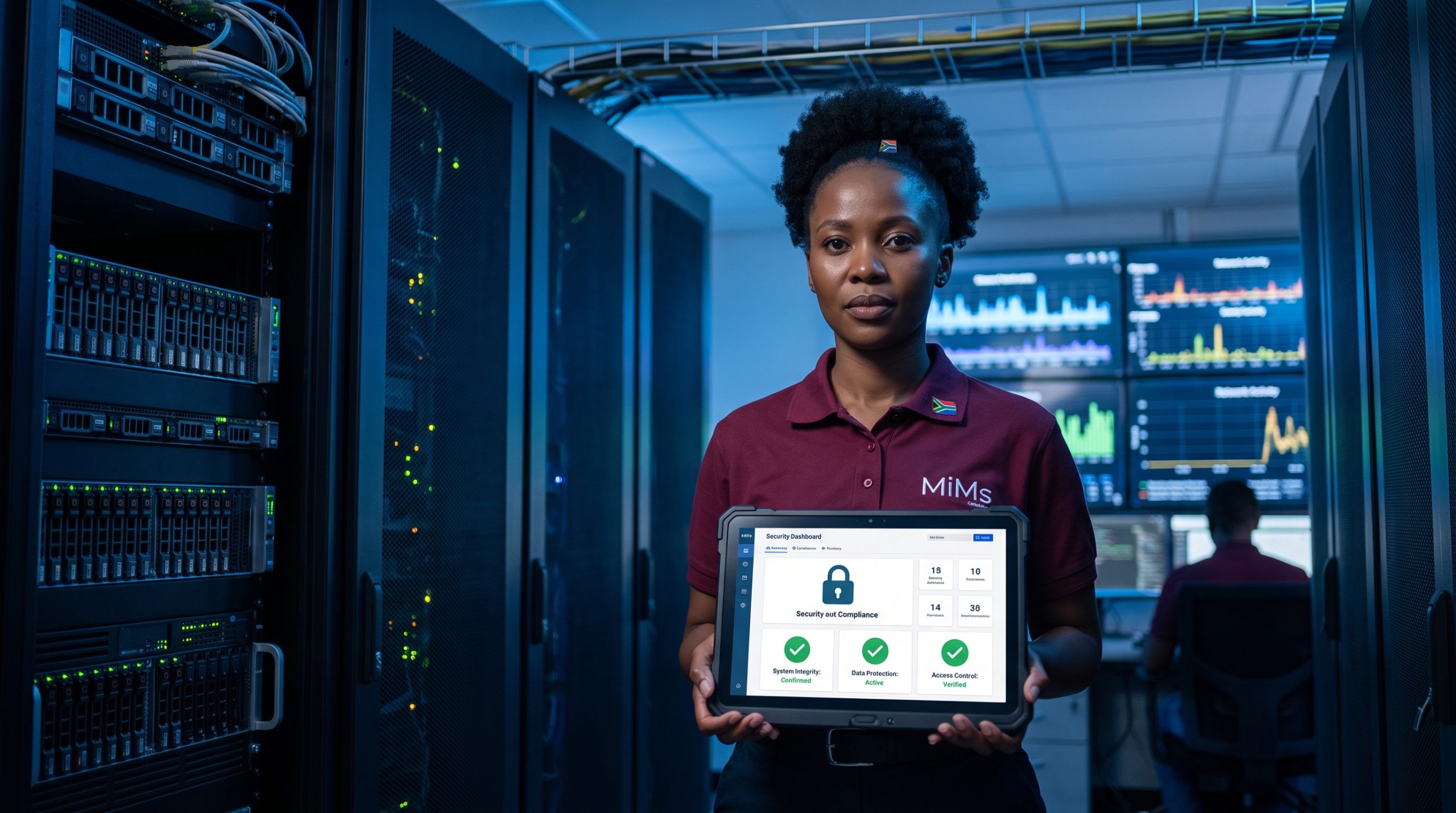 Server room with a compliance and security-monitoring dashboard on screen.