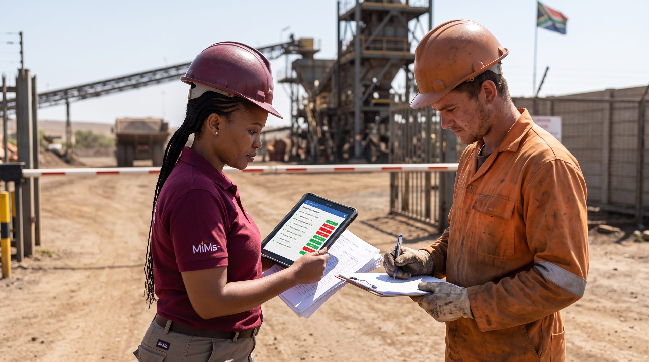 Supervisor checking a contractor compliance record at a site boom gate.
