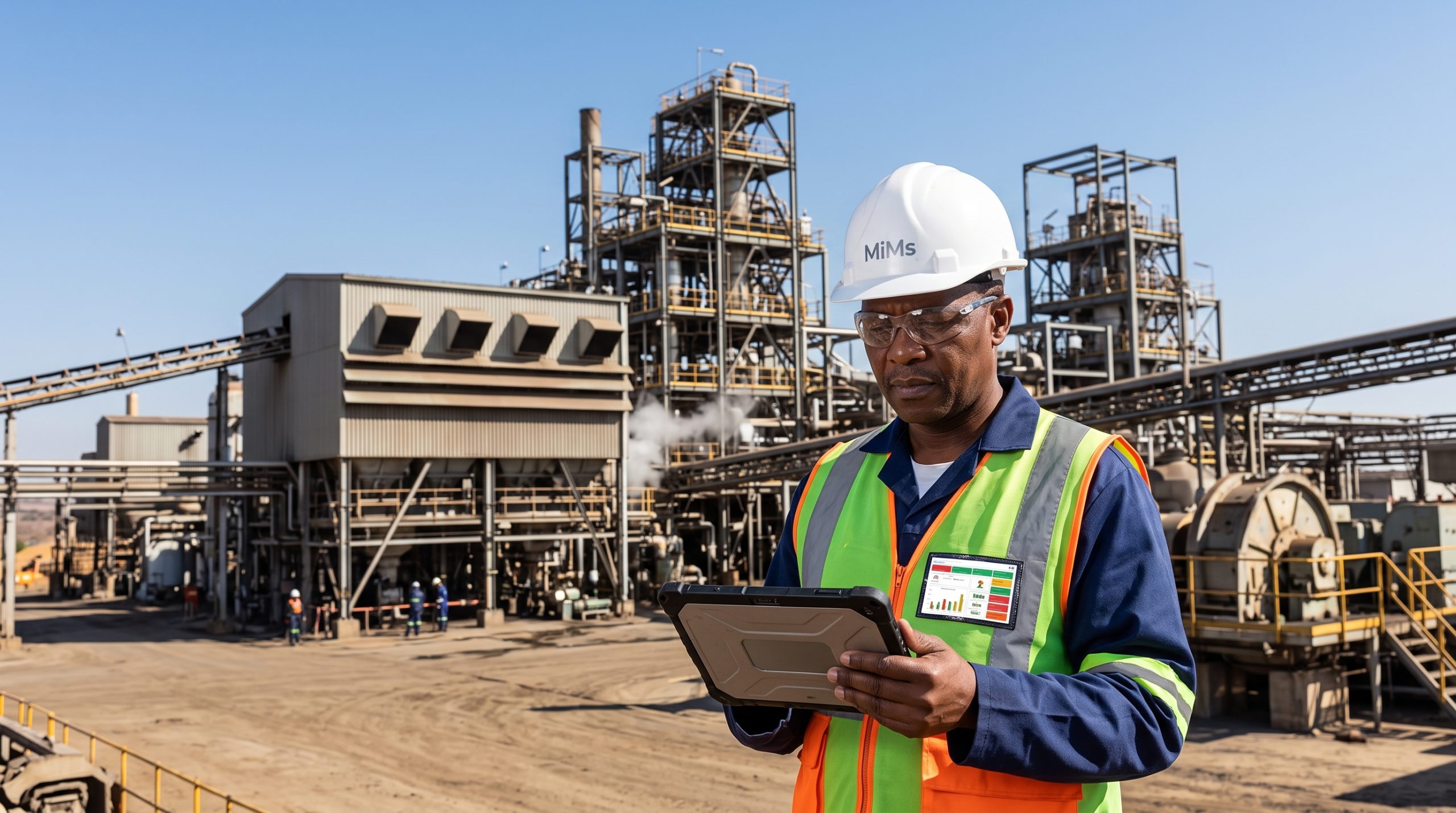 SHEQ manager in branded hardhat reviewing a compliance dashboard on a tablet at an industrial plant.