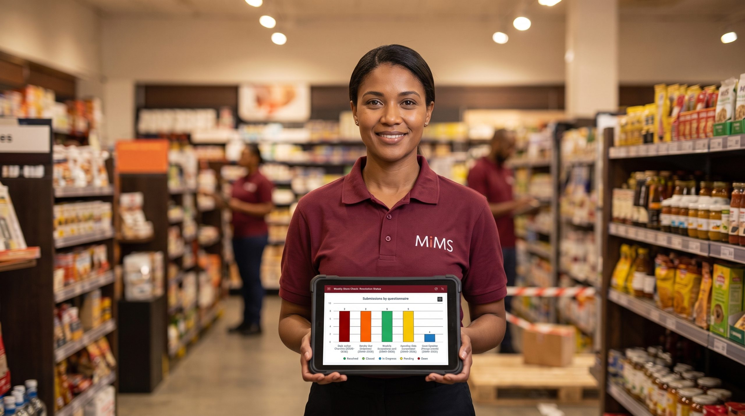 Branch manager reviewing stock and standards in a supermarket aisle on a tablet.