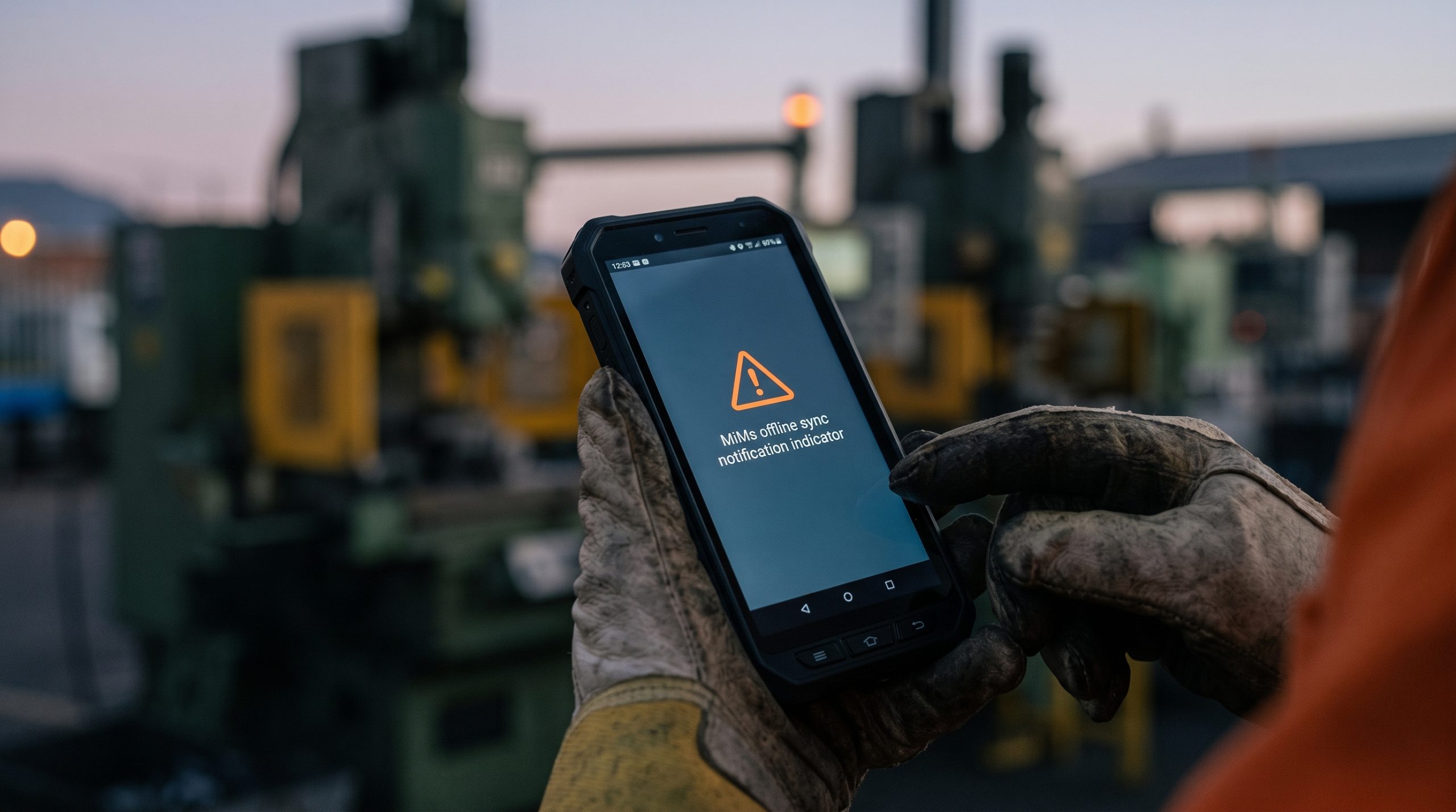 Gloved hand holding a rugged phone showing an offline-sync warning, factory machinery behind.